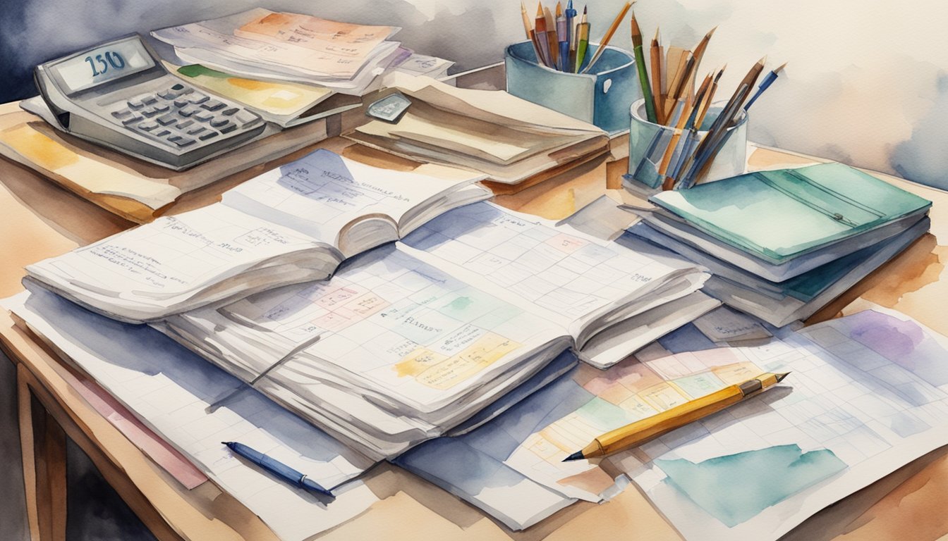 A desk cluttered with scholarship applications, a calendar with looming deadlines, and a checklist of 12 steps for applying to college scholarships