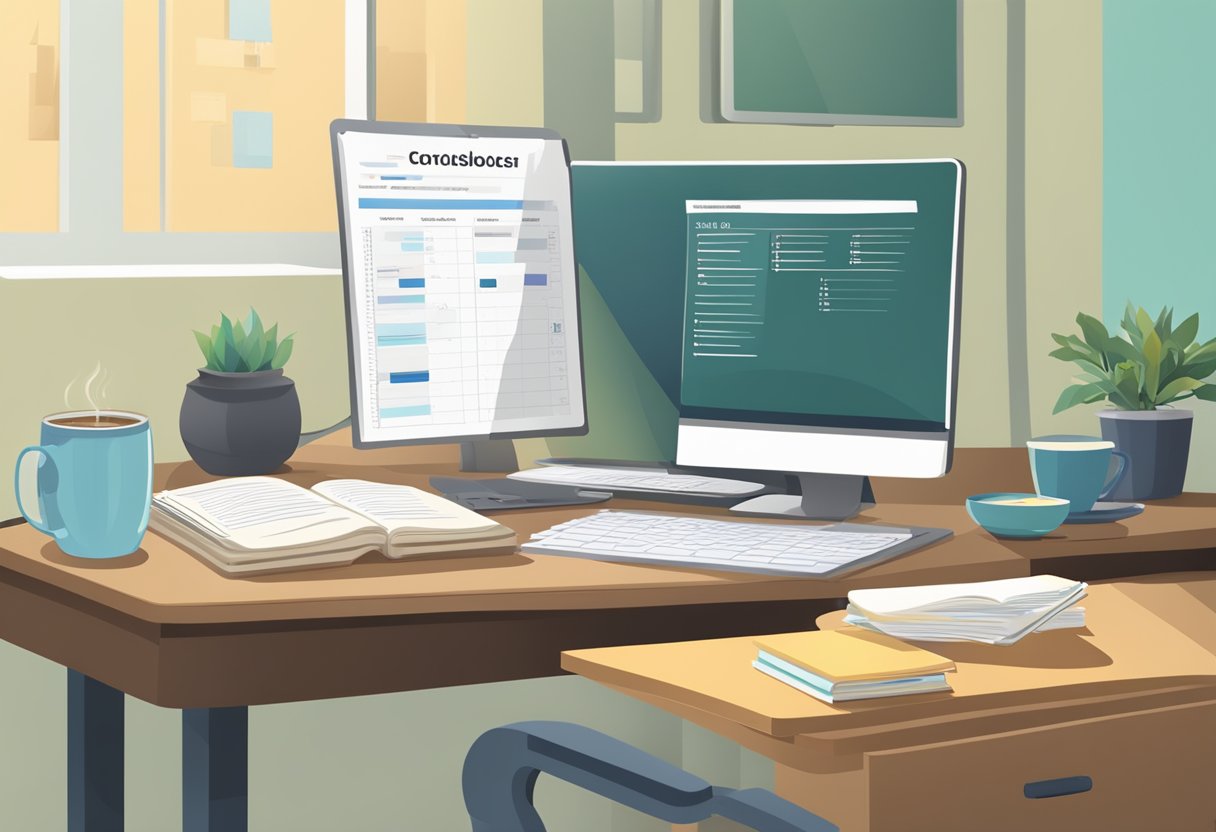 A desk with a computer, textbooks, and a mug of coffee. A bulletin board displays course schedules and professional standards