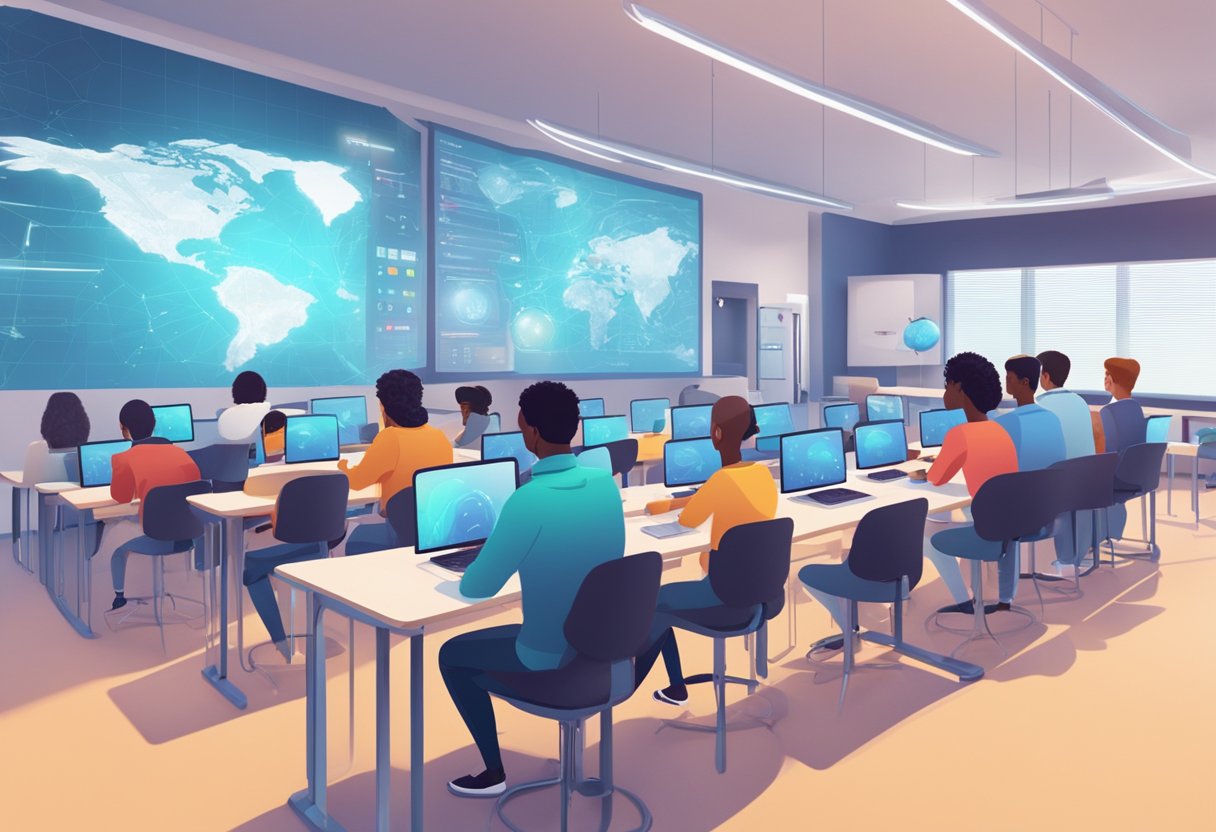 A futuristic classroom with AI technology, digital screens, and interactive learning tools. Students engage with virtual tutors and personalized learning programs