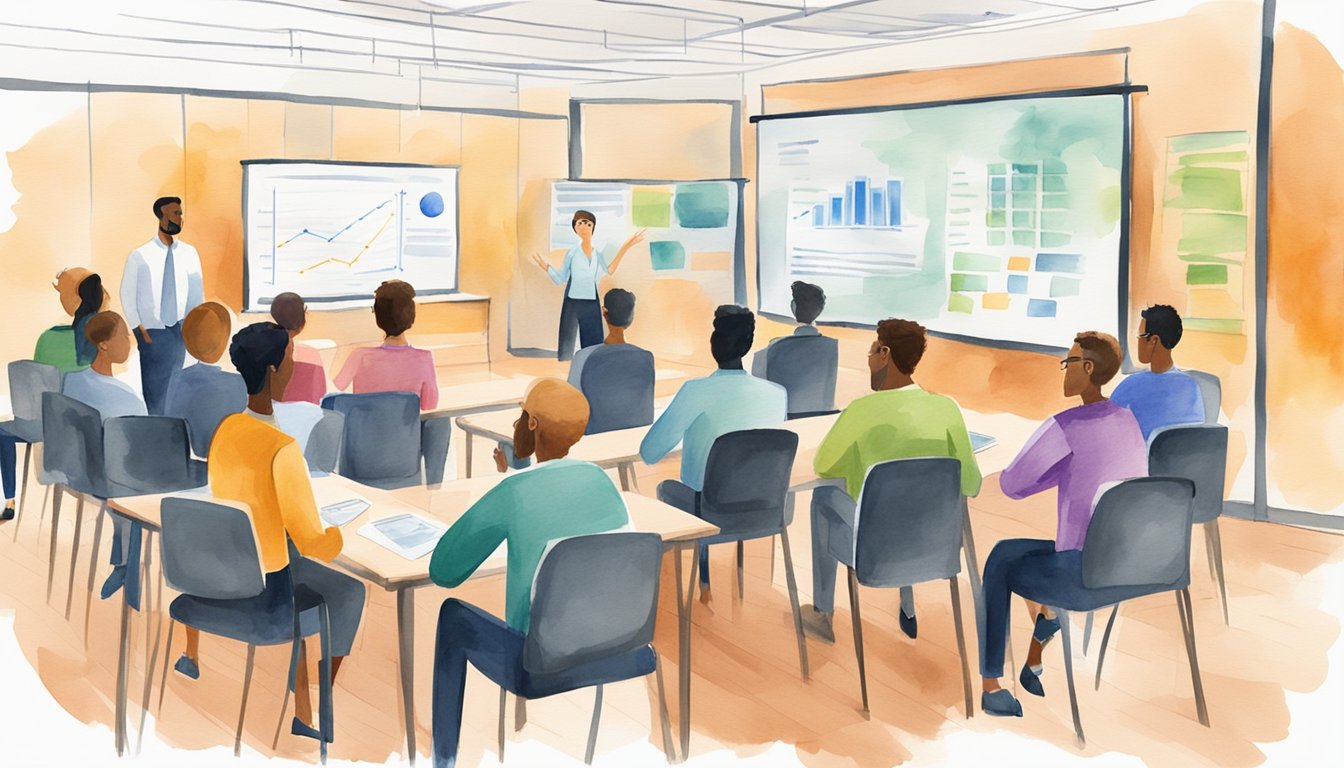 A group of people gather in a seminar room, listening attentively as a speaker presents 12 tips for finding the right college advisor.</p><p>Charts and graphs are displayed on a screen behind the speaker, adding visual interest to the scene