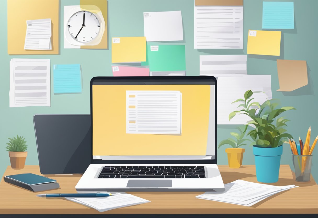 A laptop open on a desk, with a stack of papers and a pen next to it. A bulletin board with pinned notes and a clock on the wall