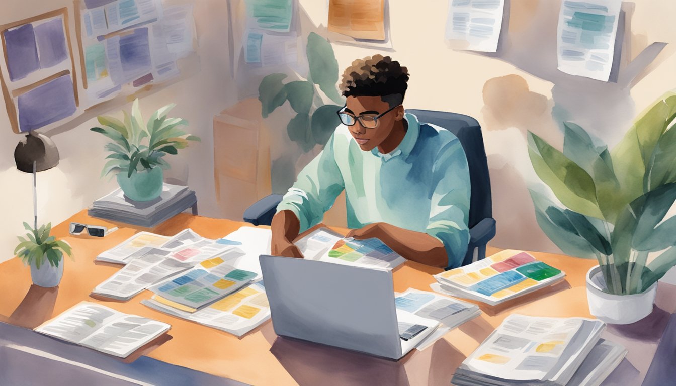 A student sits at a desk, surrounded by college brochures and a laptop.</p><p>The student is carefully reviewing 12 tips for finding the right college advisor from the Assess Advisor's Network