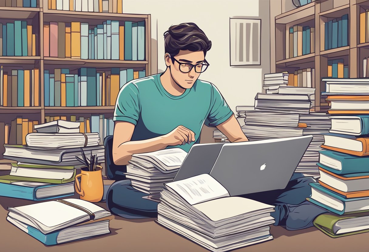 A student typing on a laptop, surrounded by open books and papers, with a thoughtful expression