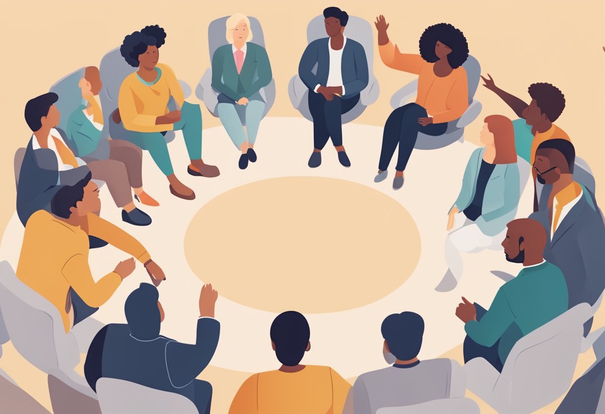 A group of diverse individuals are seen in a circle, actively discussing and sharing ideas. Some are gesturing with enthusiasm, while others are nodding in agreement. The atmosphere is lively and engaging