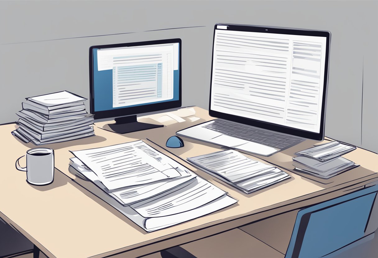 A table with various discussion posts on a computer screen, a stack of papers with graded contributions, and a pen for marking