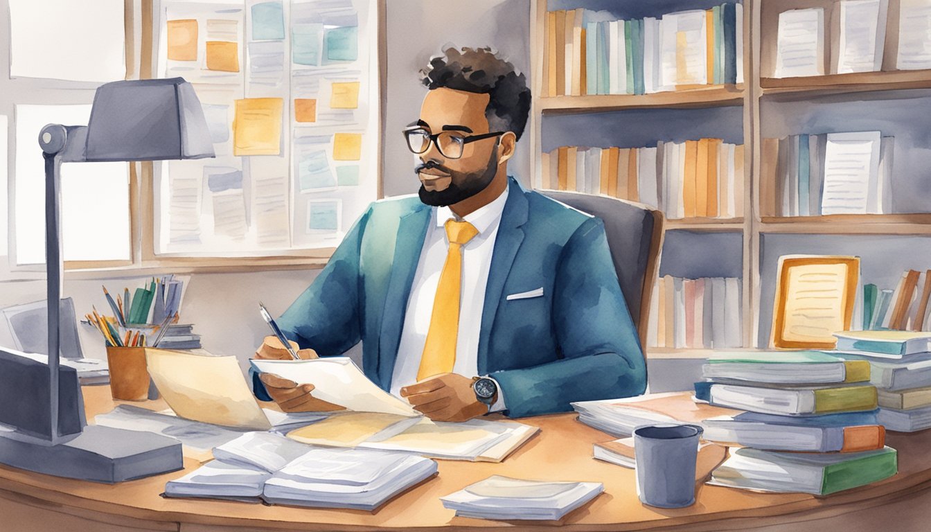 A college advisor sits at a desk, surrounded by books and paperwork.</p><p>A computer screen displays a list of tips for finding the right advisor.</p><p>The room is bright and organized, with a sense of professionalism and expertise