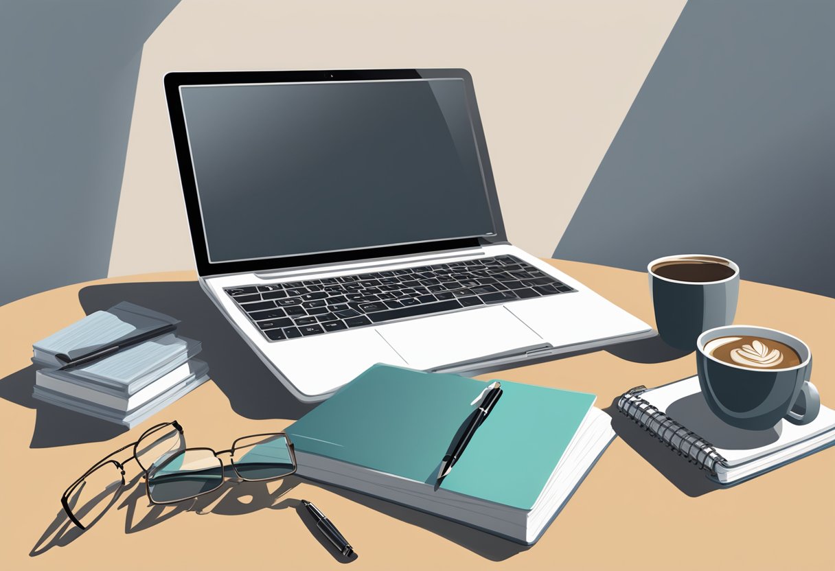 A laptop open on a desk with a cup of coffee, a notebook, and a pen next to it. A stack of books and a pair of glasses sit nearby