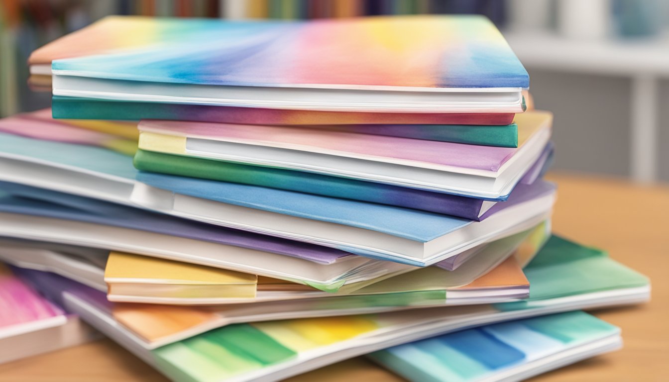 A stack of 12 colorful curriculum guides with the Power Homeschool logo on the cover, arranged neatly on a desk with a pencil and ruler beside them