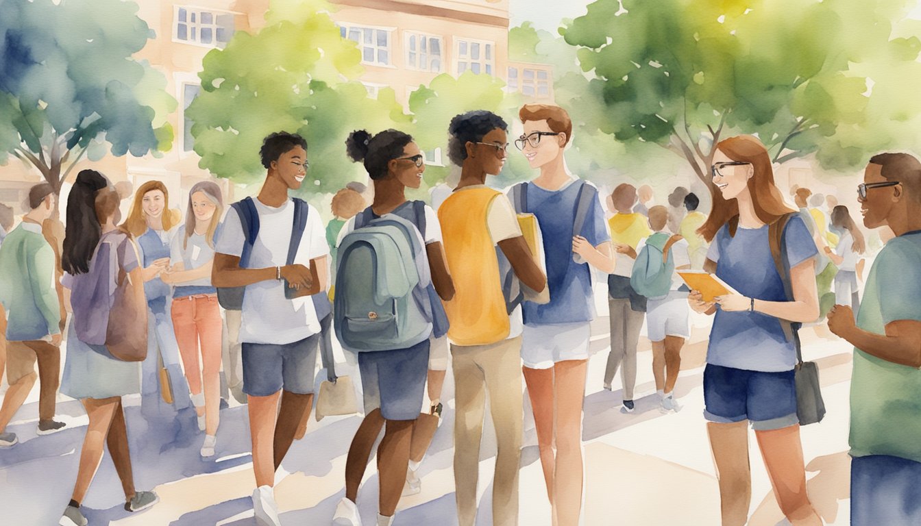 A diverse group of college freshmen engage in various social activities, such as joining clubs, attending events, and studying together in a vibrant campus setting