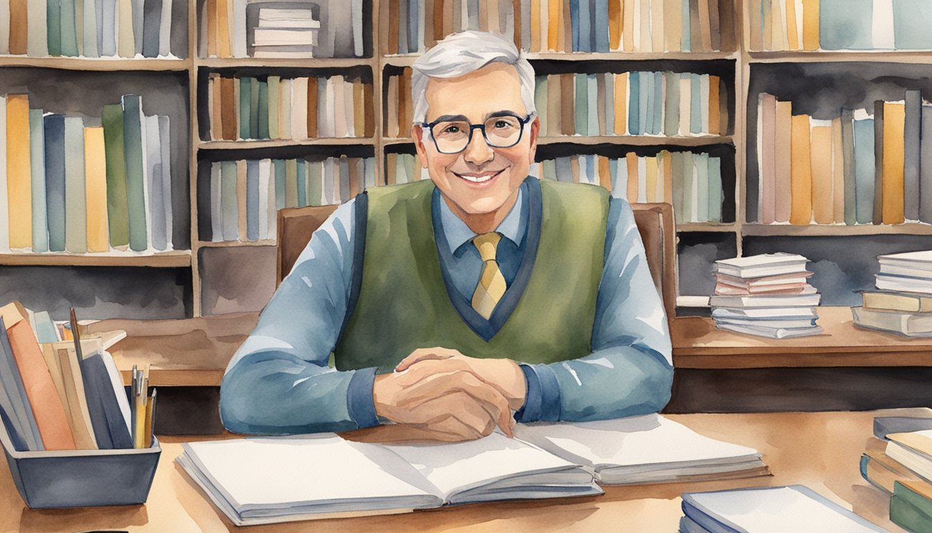 A college advisor sits at a desk, surrounded by books and computer screens.</p><p>They gesture towards a student, who listens attentively.</p><p>The advisor's warm smile and approachable demeanor convey a sense of trust and guidance