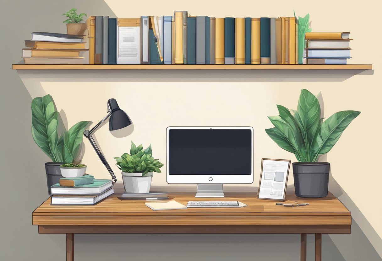 A desk with a computer, open book, and pen. A wall with a framed diploma. A shelf with books and a plant