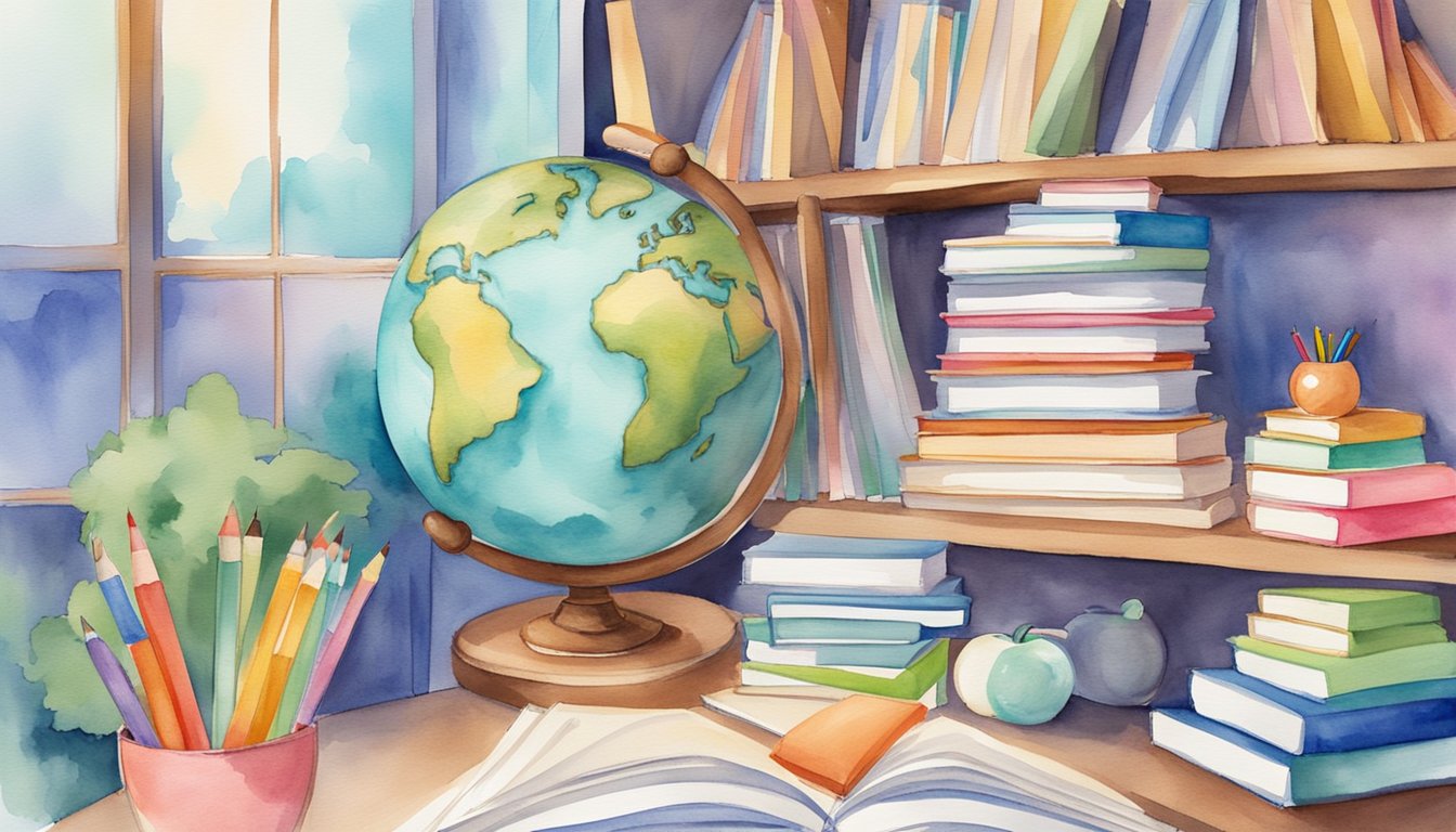 A cozy homeschool room with 12 curriculum guides neatly stacked on a shelf, surrounded by colorful educational materials and a globe