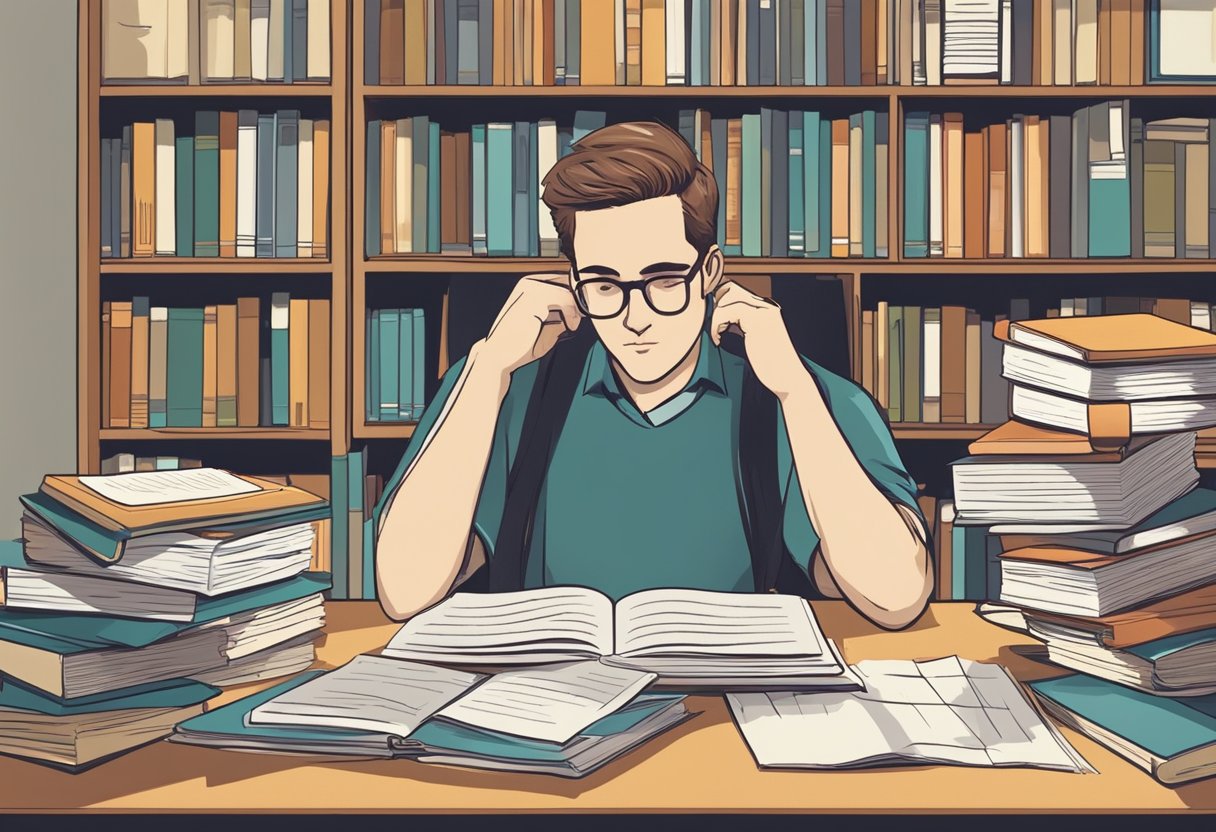 A student sitting at a desk, surrounded by books and papers, carefully citing sources and cross-referencing information for an APA format discussion post on academic integrity and plagiarism