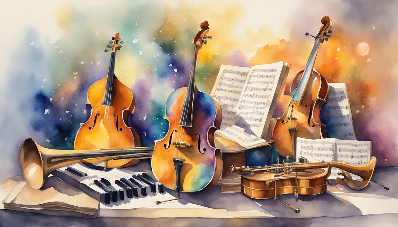 A colorful array of musical instruments arranged neatly on a backdrop of sheet music and music stands, with a bright spotlight shining down on them