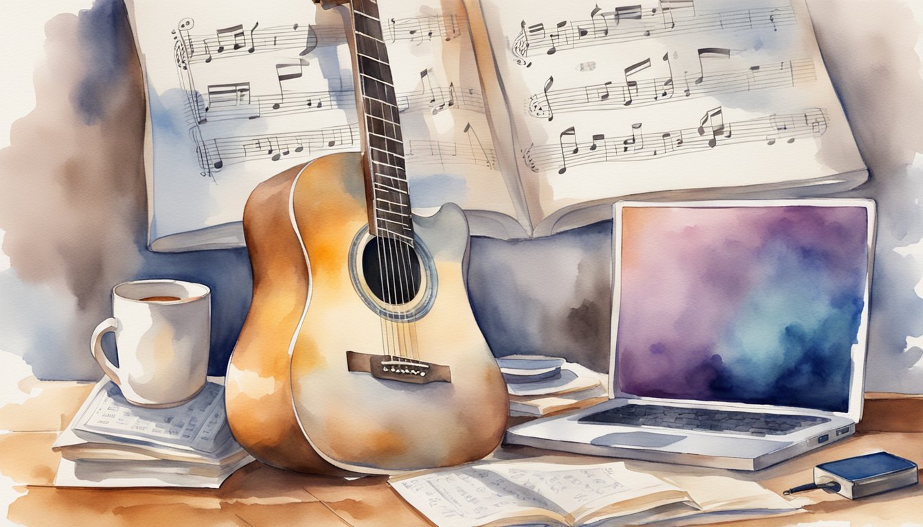 A guitar resting on a stand, surrounded by sheet music and a laptop displaying an online music lesson