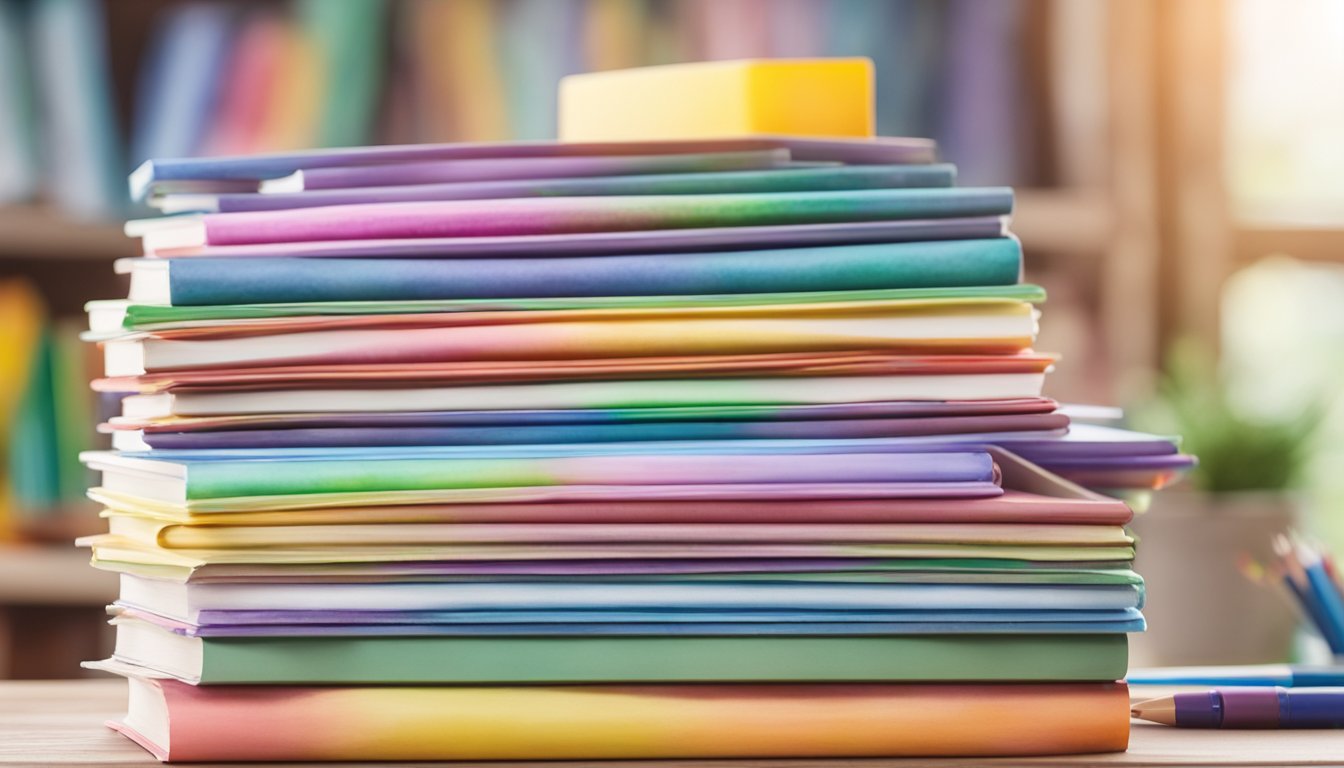 A stack of 12 colorful homeschool curriculum guides arranged neatly on a wooden desk, surrounded by various educational resources and materials