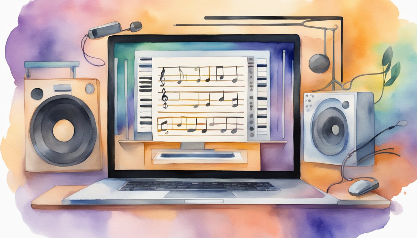 A computer screen displays 12 music lesson options.</p><p>Instruments and musical notes surround the screen, creating a vibrant and dynamic atmosphere