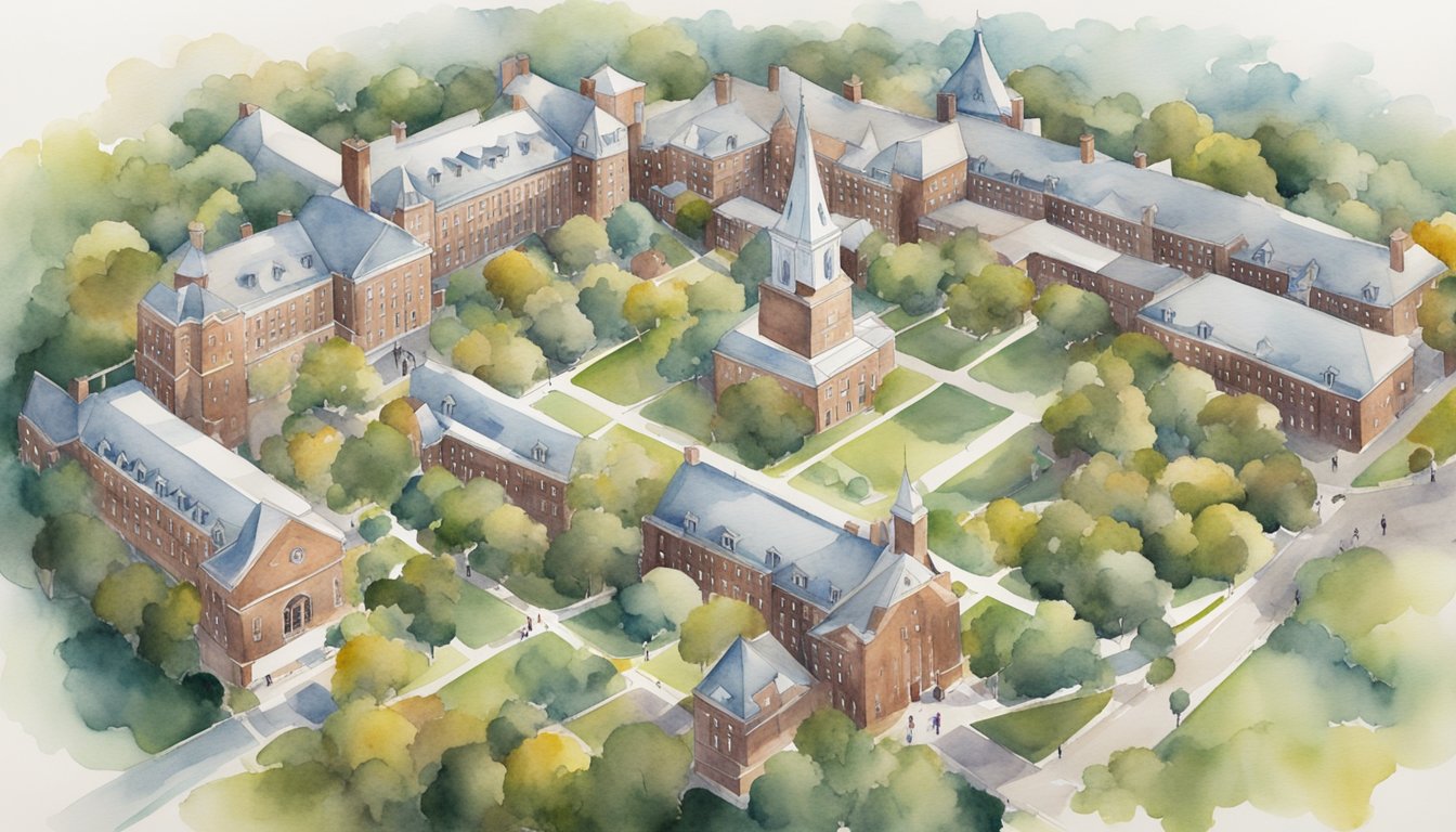 Aerial view of Harvard University campus with 12 online college logos and interconnected alumni networks