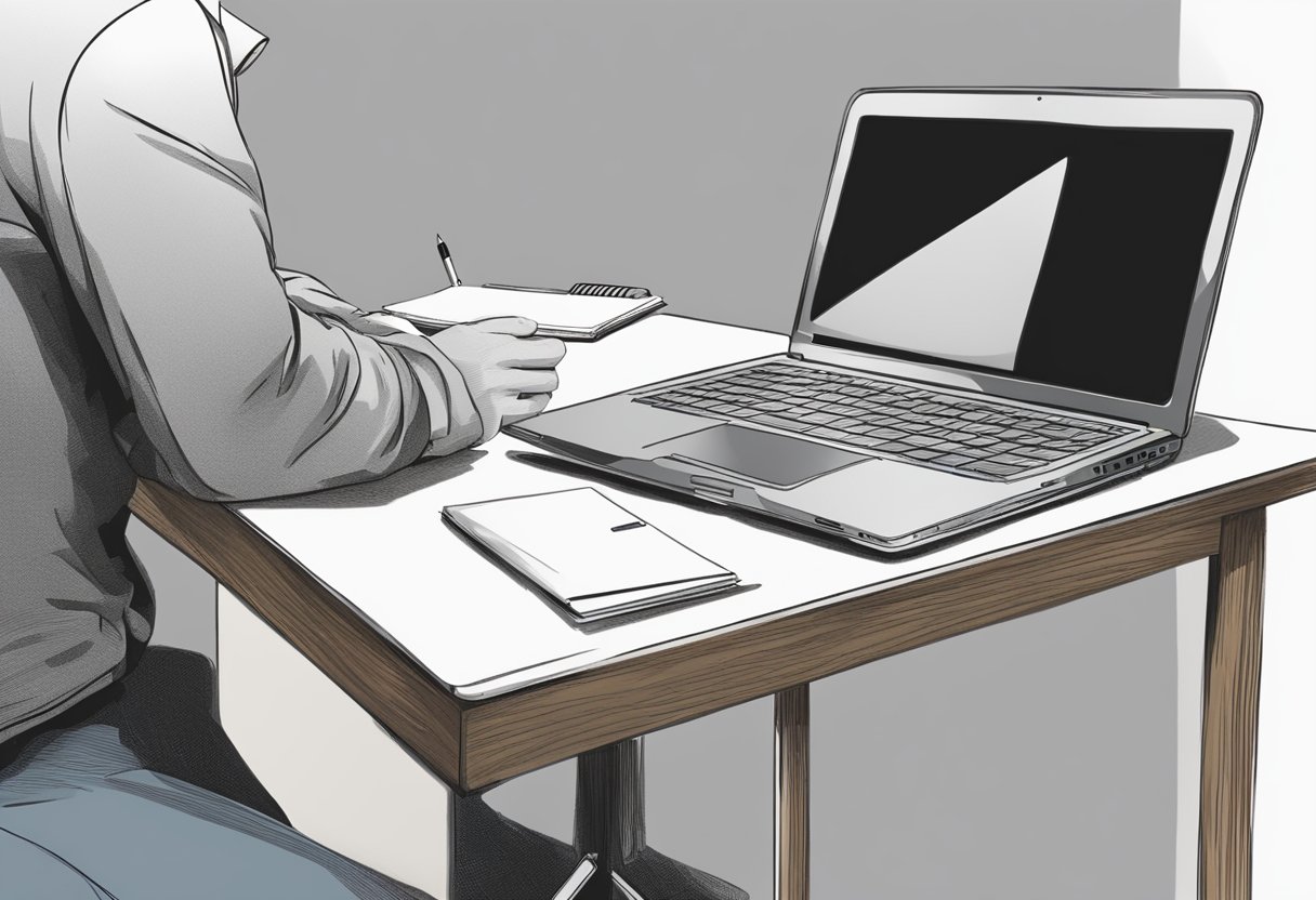 A table with a laptop, notebook, and pen. A thoughtful expression on a faceless figure's face as they read and type