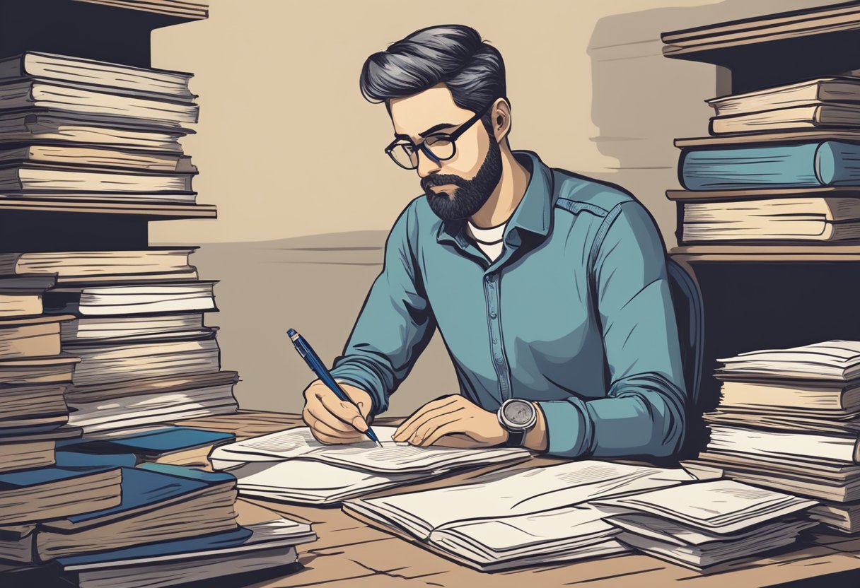 A person sits at a desk, surrounded by books and papers. They are deep in thought, with a furrowed brow and a pen in hand, pondering their next move