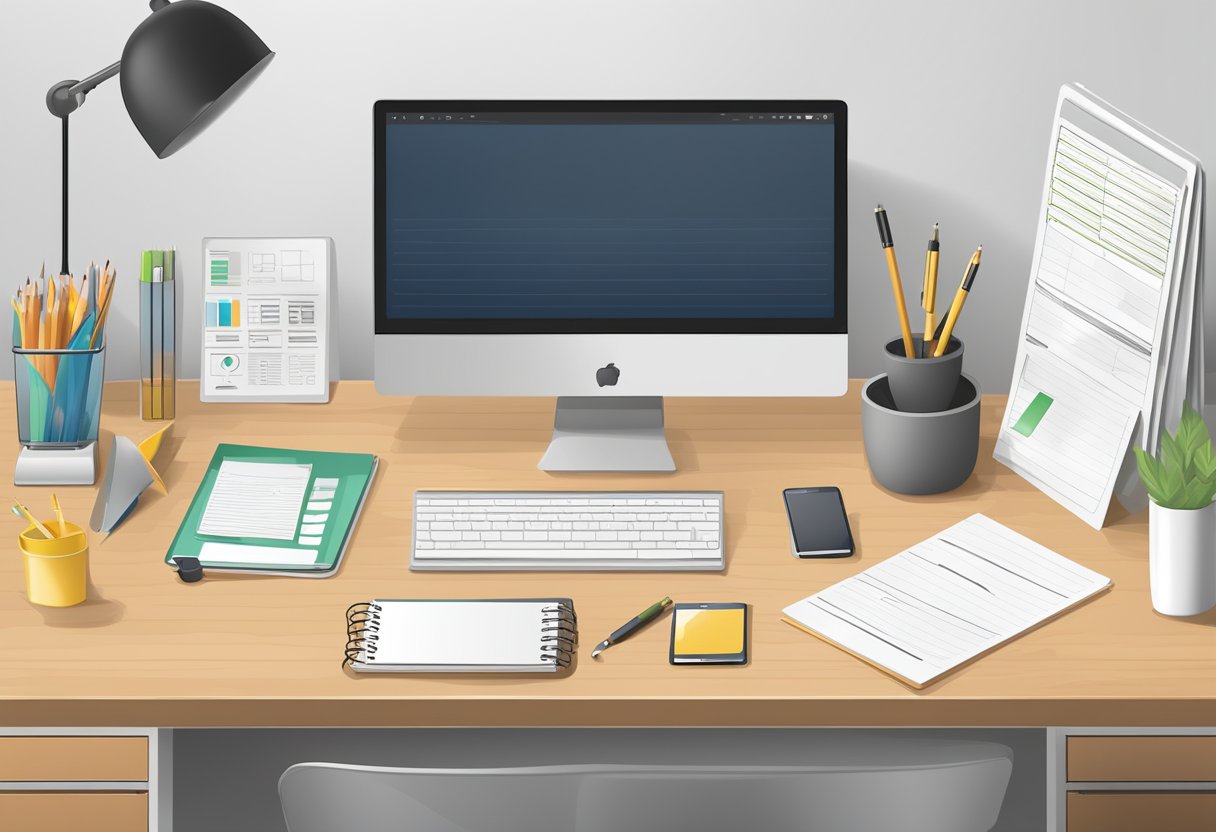 A desk with a laptop, notebook, and pen. A poster with style guidelines. Format guidelines printed on a wall. Clean and organized workspace