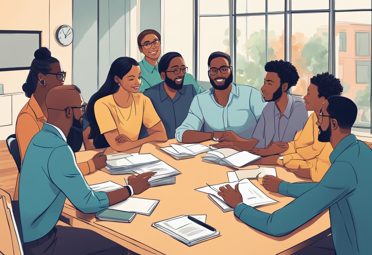 A group of diverse people are gathered around a table, eagerly participating in a lively discussion. Each person is leaning in, gesturing animatedly as they share their thoughts and ideas