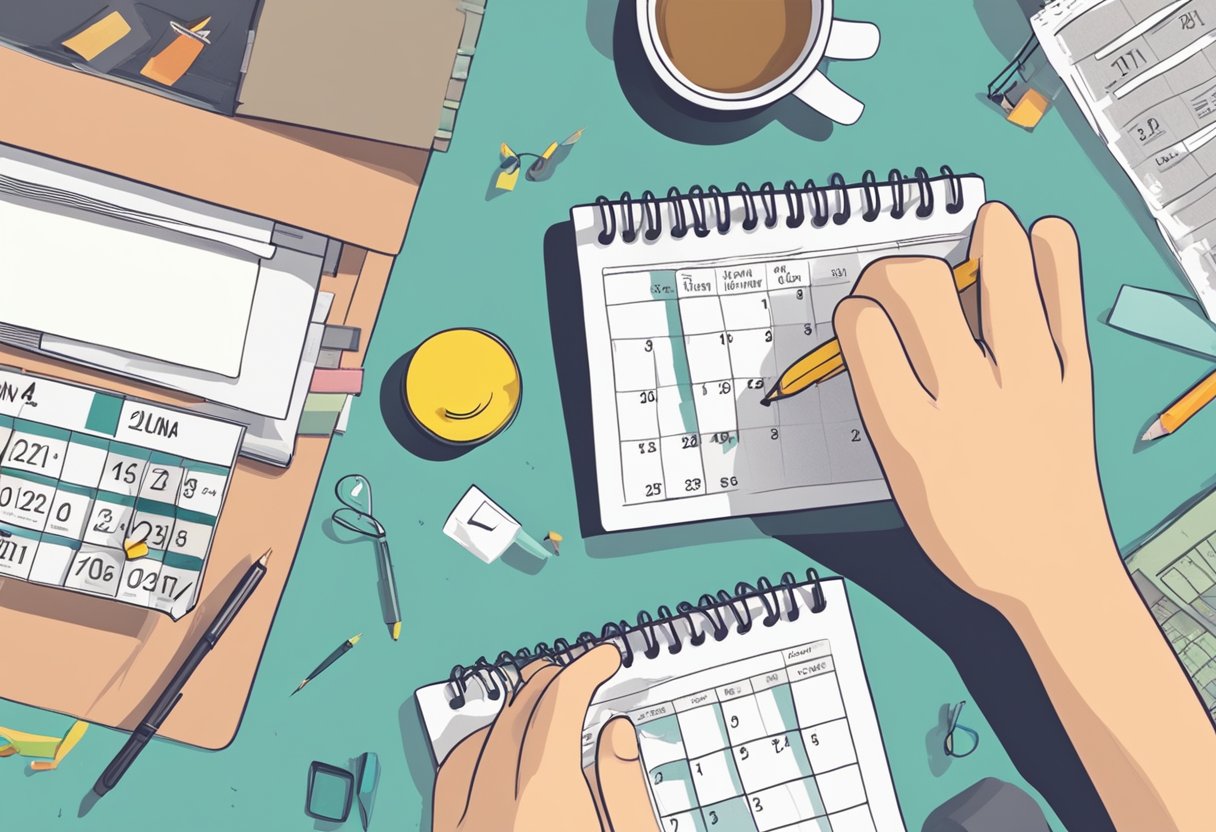 A clock ticking on a cluttered desk, with a calendar marked with deadlines and a to-do list. A person's hand reaching for a planner, looking overwhelmed