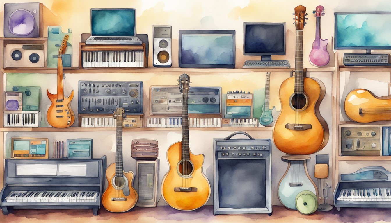 A colorful array of musical instruments and digital devices arranged in an organized and inviting manner, with clear labels and easy access for beginners