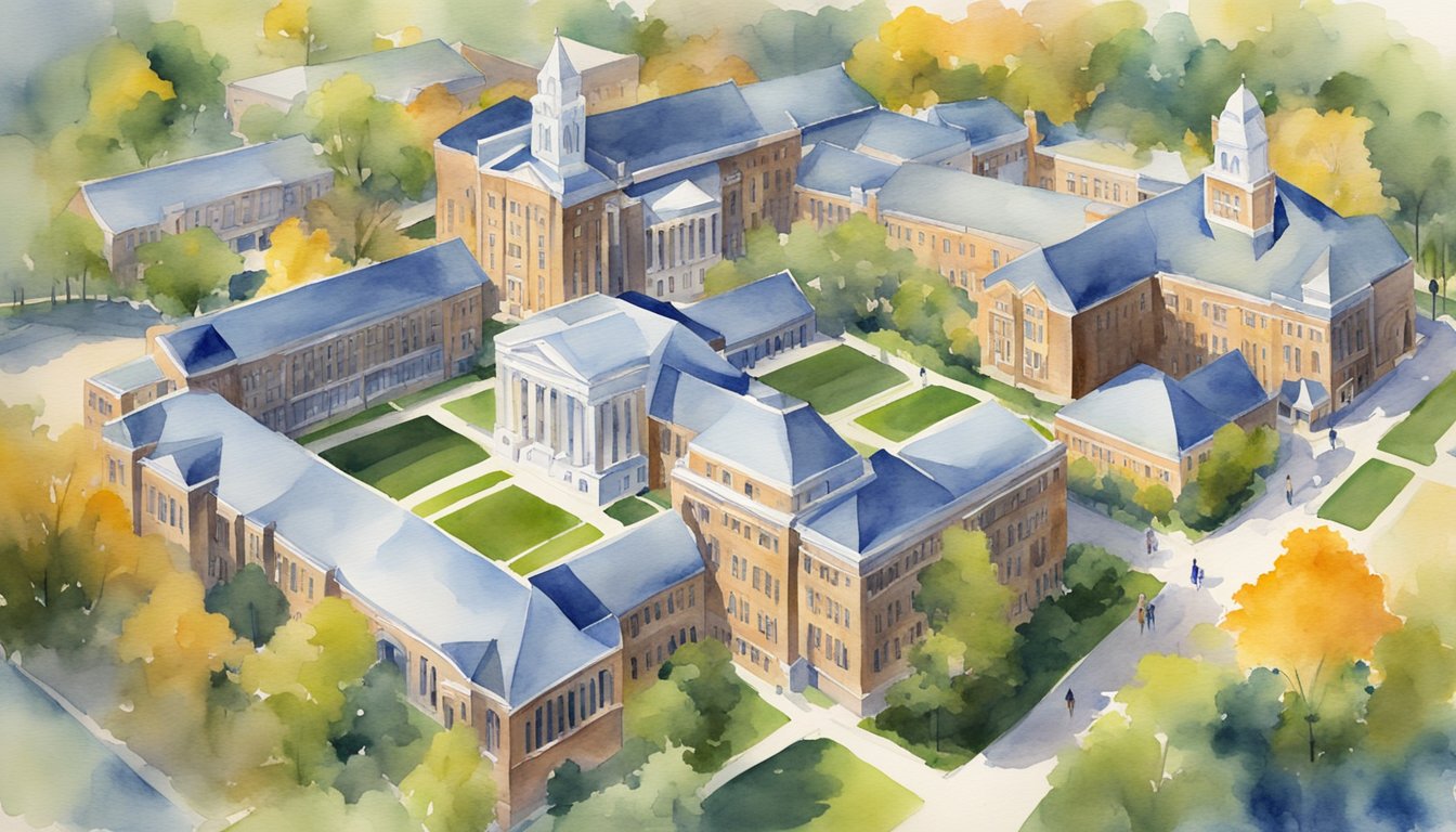 A vibrant campus scene with 12 distinct online college buildings at the University of Michigan, showcasing strong alumni connections