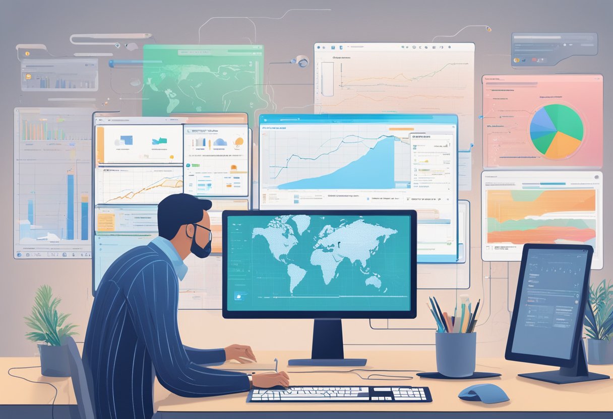 AI analyzes data on a computer screen, while various online discussion threads and comments are displayed in the background