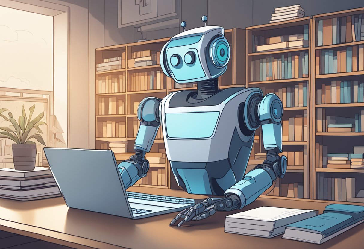 An AI robot sits at a desk, typing on a computer screen with "Getting Started with AI Reply Generators" displayed. A bookshelf filled with AI-related books is in the background