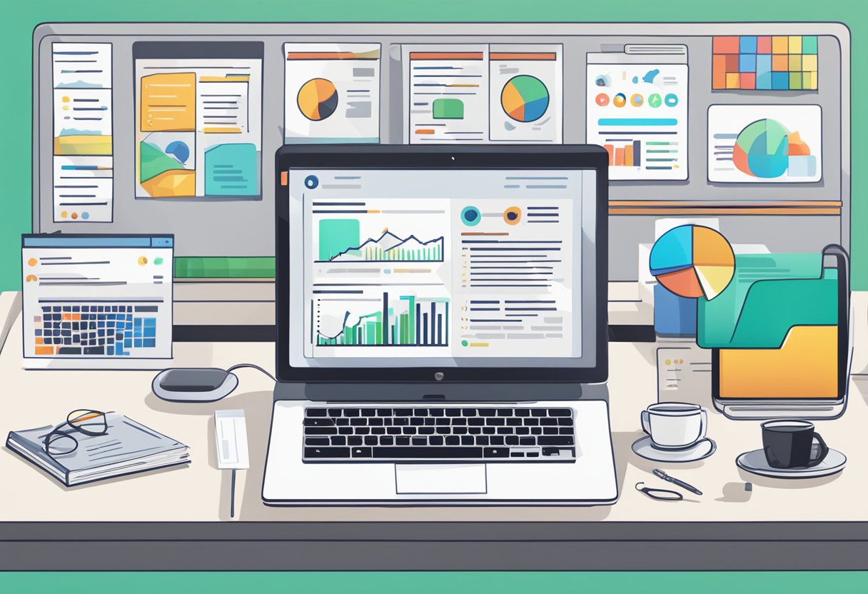 A computer screen displaying search engine results and social media engagement metrics. A keyboard and mouse sit on a desk next to a notebook filled with content ideas