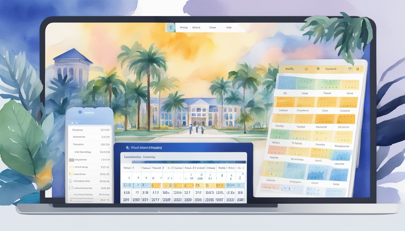 Florida International University's online colleges, with flexible schedules, are depicted through a digital interface showing various course offerings and a calendar with customizable time slots