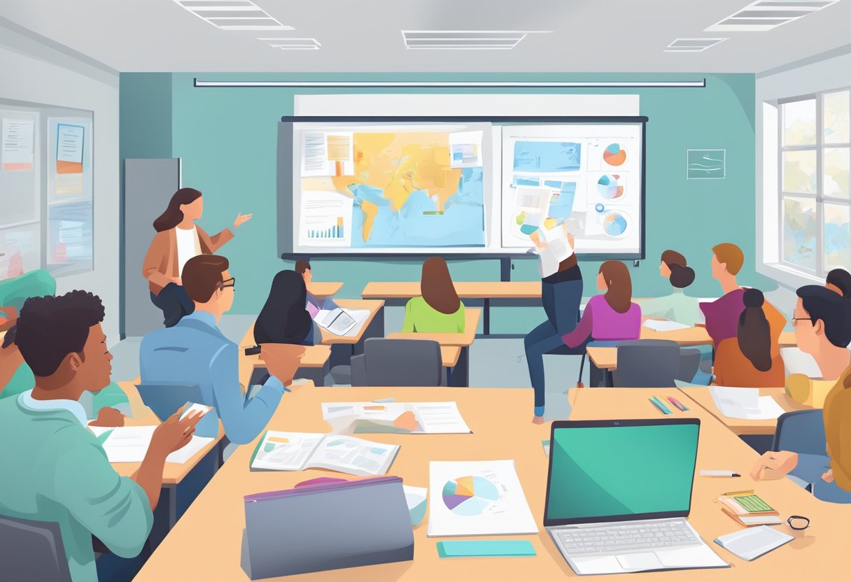 A classroom with students discussing real-world applications, examples on a whiteboard