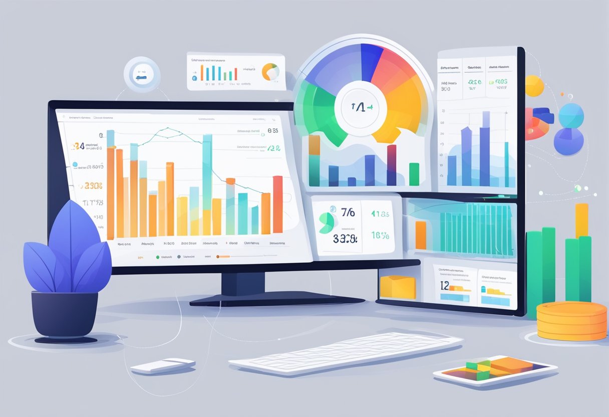 AI interface displaying dynamic engagement metrics. User feedback and response data visually represented. Graphs, charts, and real-time analytics