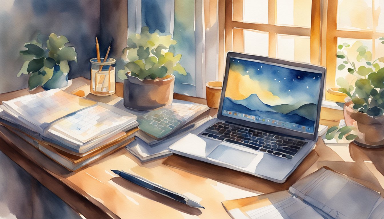 A laptop open on a desk, surrounded by a calendar, clock, and textbooks.</p><p>Sunlight streams through a window, casting a warm glow on the scene