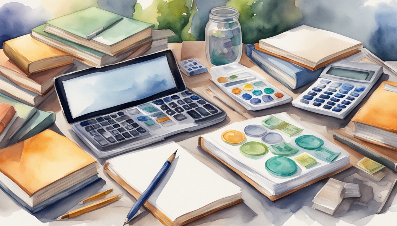 A table with 12 different financial options for an MBA, including scholarships, loans, and grants, surrounded by books and calculators