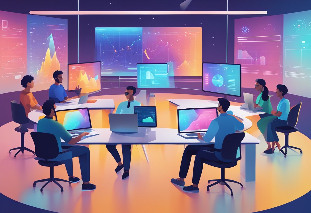 A group of AI experts engage in a lively discussion, surrounded by computer screens and futuristic technology. Graphs and data visualizations adorn the walls, creating a high-tech atmosphere