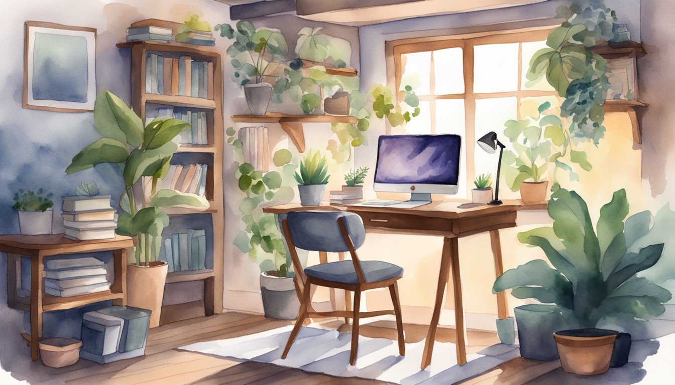 A cozy study nook with a desk, chair, and soft lighting.</p><p>Books and notebooks neatly organized.</p><p>A laptop open and ready for use.</p><p>Plants and art on the walls