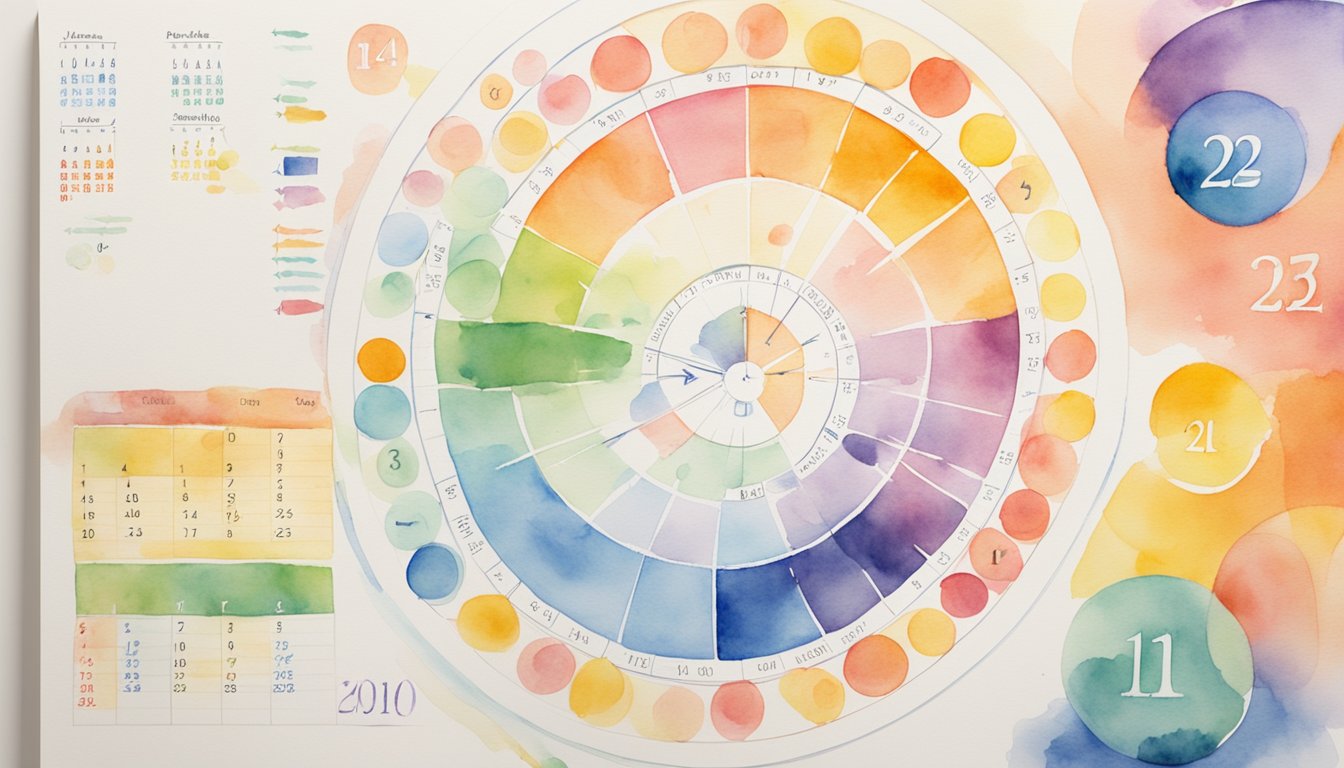 A calendar with college application milestones marked in colorful circles and arrows pointing to important dates