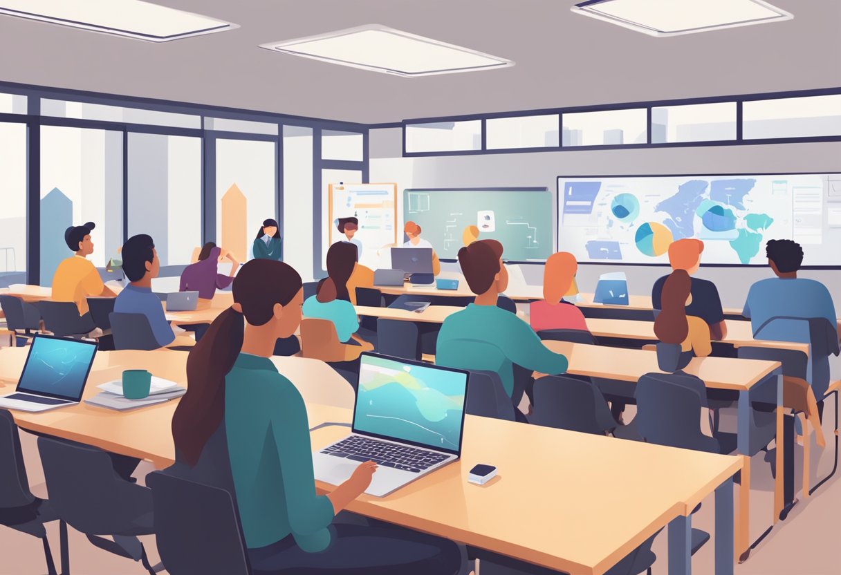 A classroom setting with students engaging in discussion while utilizing AI technology for academic purposes