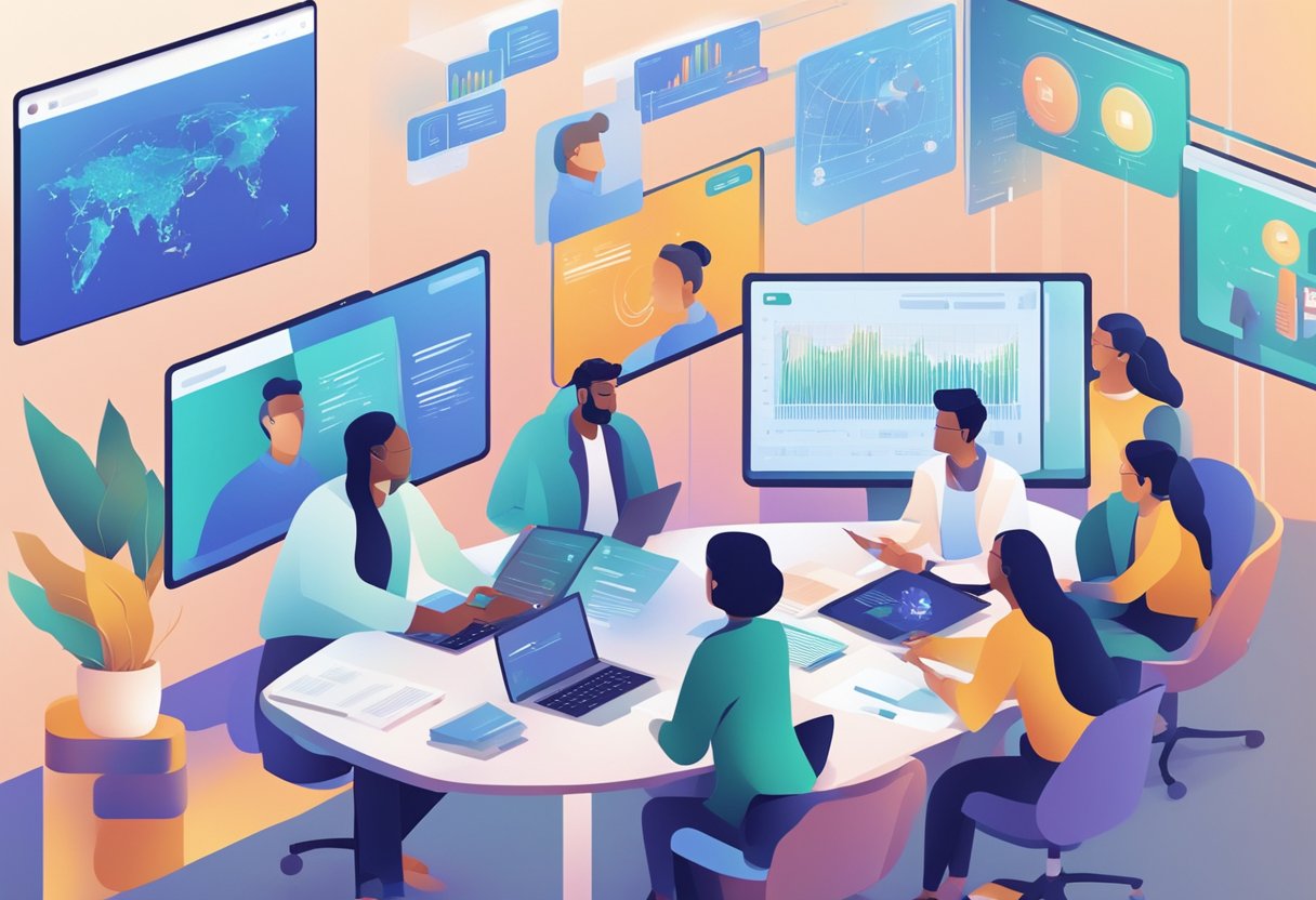 Various professionals engage in an AI integration discussion online, sharing insights and ideas. Multiple screens show data analysis and AI algorithms in action