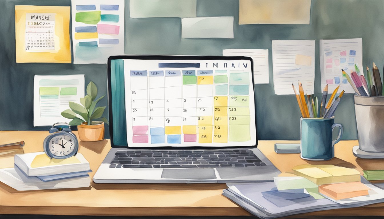 A desk with a calendar, laptop, and college brochures.</p><p>Post-it notes with deadlines and tasks.</p><p>A checklist of 12 steps.</p><p>A clock showing the passage of time