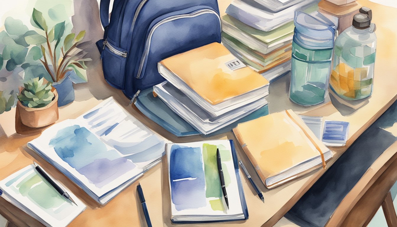 A stack of college guidebooks surrounded by a laptop, notebook, and pen on a desk.</p><p>A student's backpack sits nearby, filled with college brochures and flyers