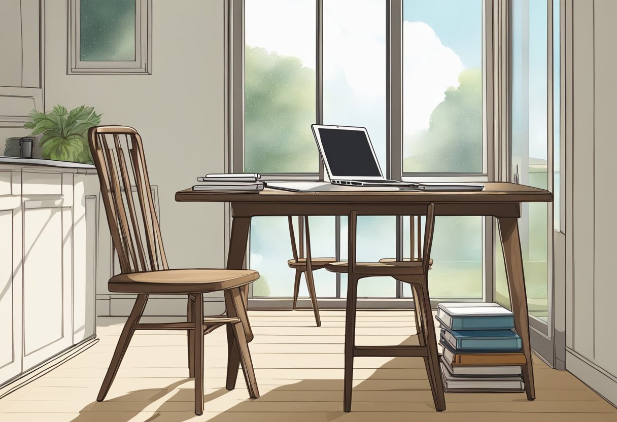 A table with a laptop, notebook, and pen. A chair is pulled out, indicating recent use. A window lets in natural light, creating a calm atmosphere