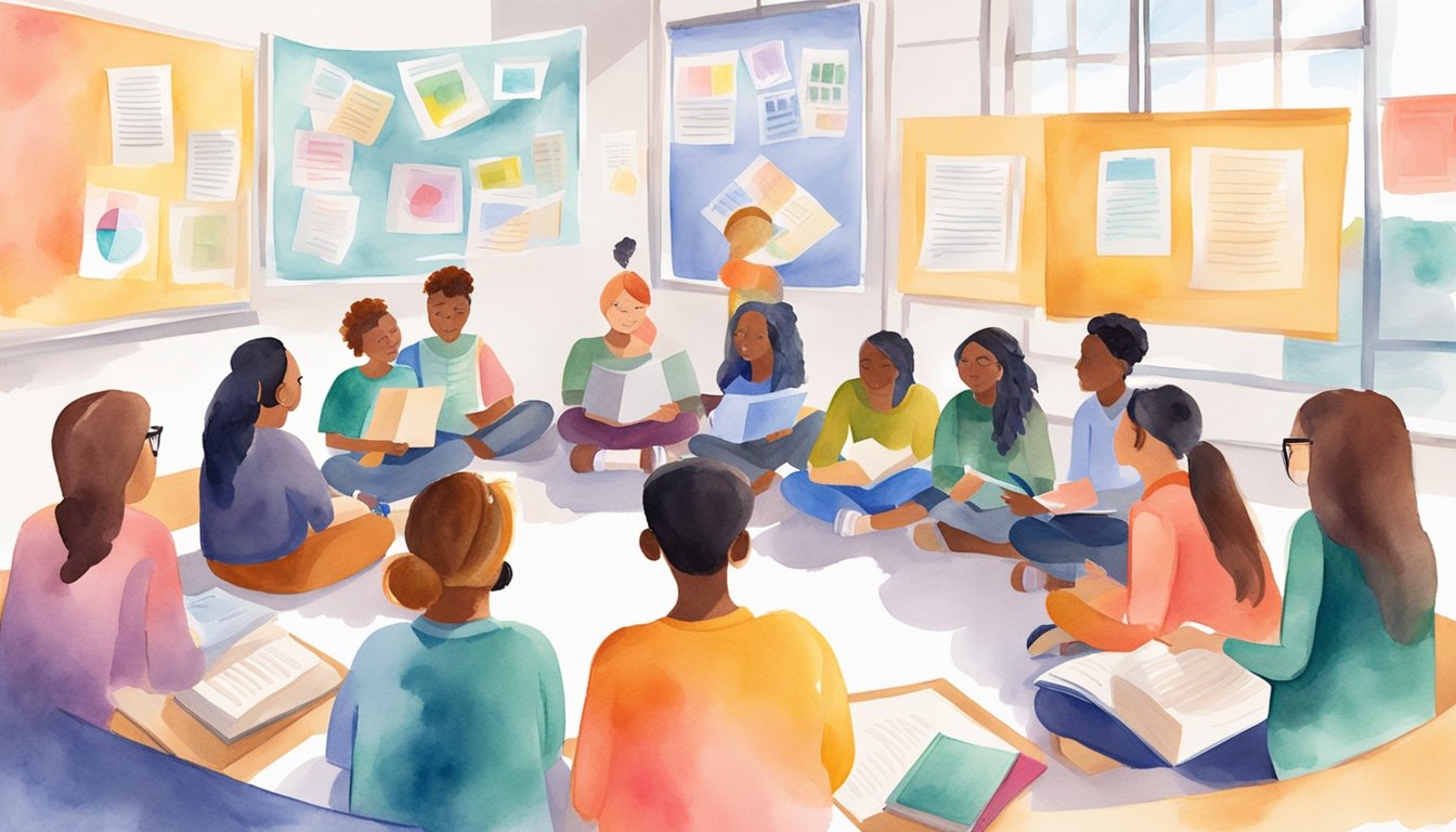 Students sitting in a circle, books and notes spread out.</p><p>One student leads the discussion while others listen and contribute.</p><p>Bright, colorful posters with study tips hang on the walls