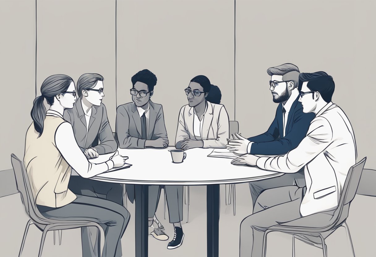 A group of individuals are gathered around a table, actively participating in a discussion. They are leaning in, gesturing, and making eye contact with each other, showing engagement and interest in the conversation