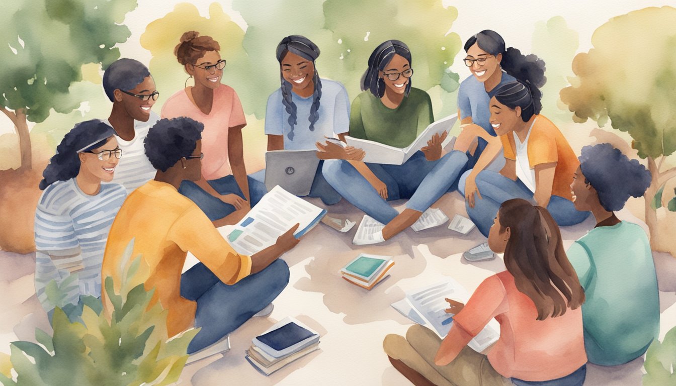 A group of diverse college students gather in a circle, chatting and laughing.</p><p>They exchange contact information and offer support to each other.</p><p>Books and laptops are scattered around as they bond over shared experiences