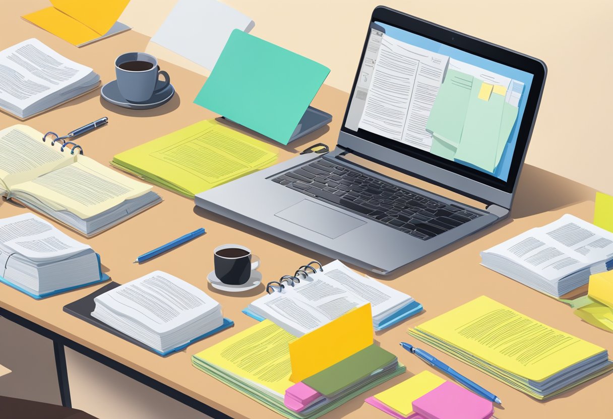 A desk with open books, highlighted text, and a laptop displaying research articles. Post-it notes with citations and a pen nearby