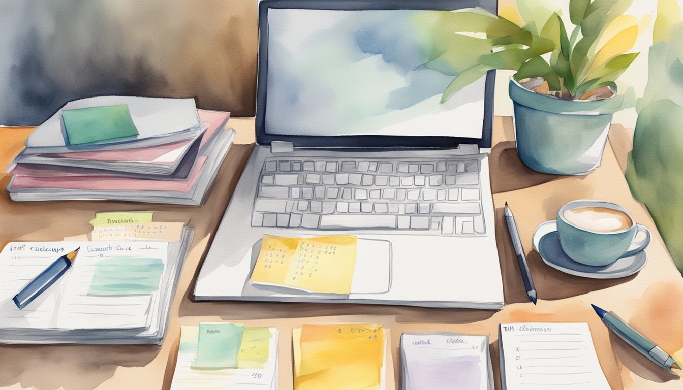 A desk with a calendar, notebook, and laptop.</p><p>A stack of college brochures and a list of interview tips.</p><p>Post-it notes with deadlines